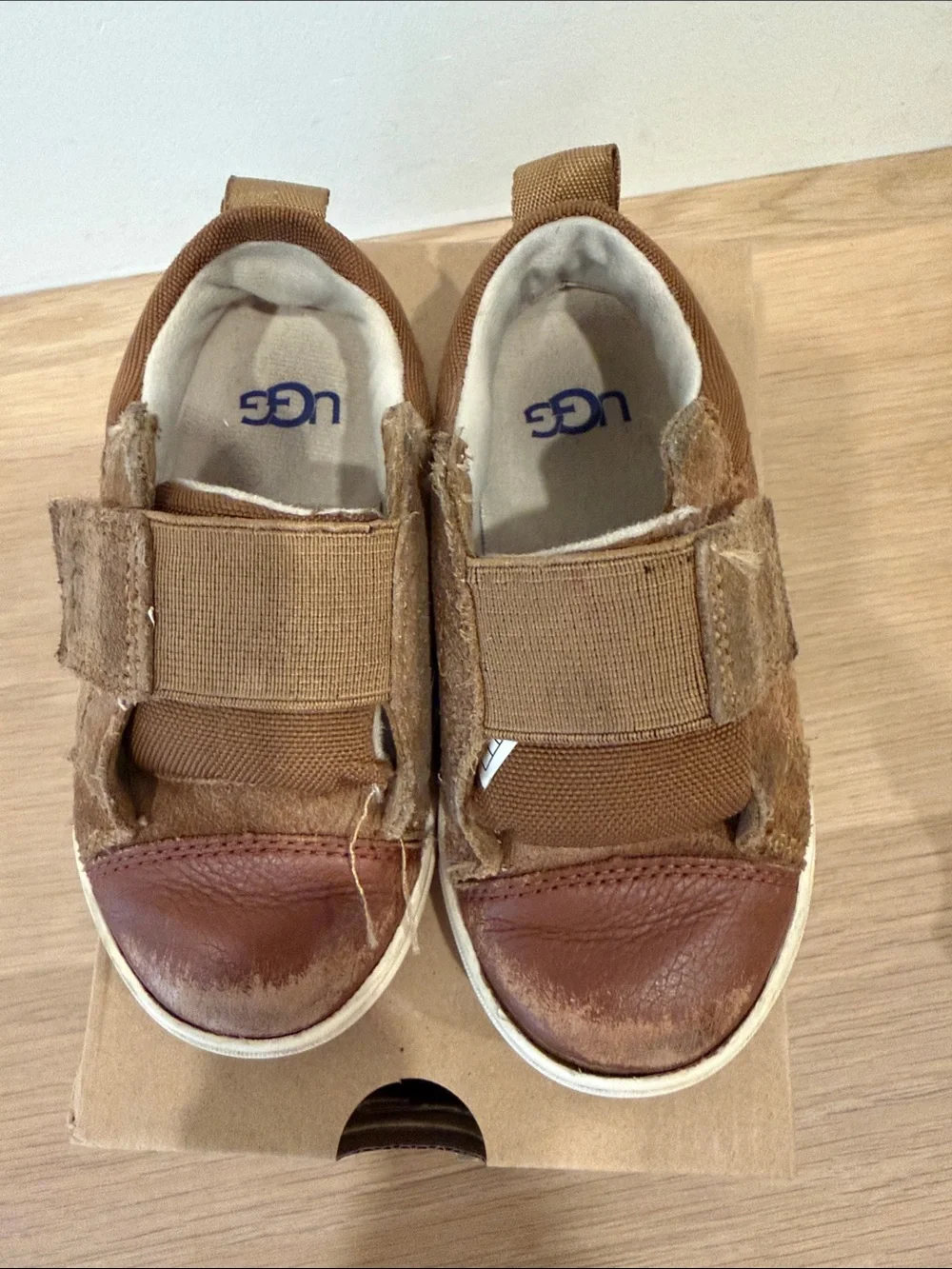 UGG Kids Brown and Tan Slip-On Leather Shoes Rennon Low size 8